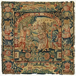 Tapestry cushion cover depicting The Stoning of the Elders, made in Sheldon, England, after 1600 (wool)