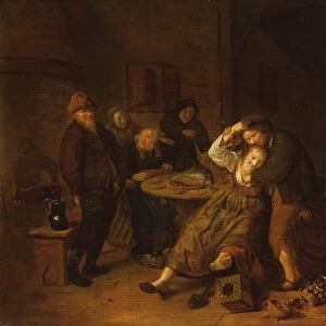 Tavern Interior with a Boor Carousing with a Wench (oil on panel)