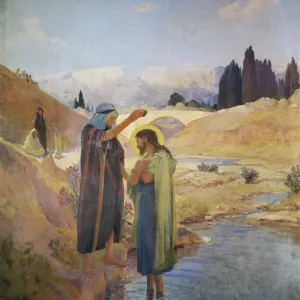 Print of John the Baptist baptizing Jesus Christ in a fresco