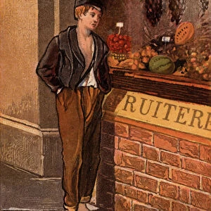 Temptation: poor young man looking into a shop window at tropical fruits (chromolitho)