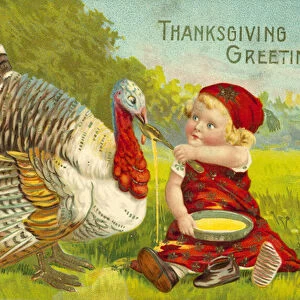 Thanksgiving card with little girl and turkey (colour litho)