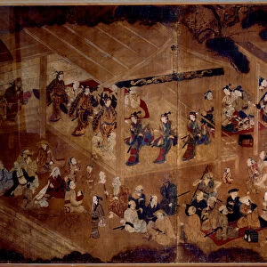 Theatre Kabuki: actors on stage; 18th century Japanese print Paris, Guimet museum