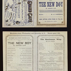 Theatre programme for a performance of The New Boy, by Arthur Law, and The Gentleman Whip, by H M Paull, at the Vaudeville Theatre, London, 1894 (colour litho)