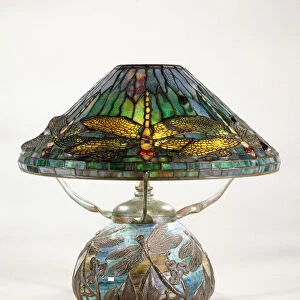 A Tiffany Studios dragon-fly table lamp, (bronze, mosaic and leaded glass)
