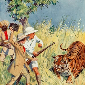 Tiger hunting in India, scene from The Other Tiger (colour litho)