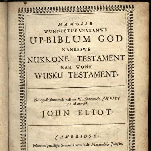 Title page of Mamusse wunneetupanatamwe Up-Biblum Good, 1663 (engraving)