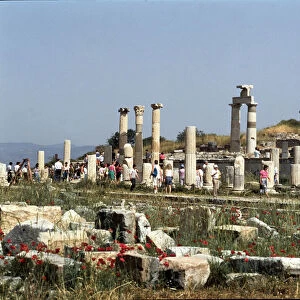 Tourists walking among the ruins of the temple Hestia Boulaia (vesta)