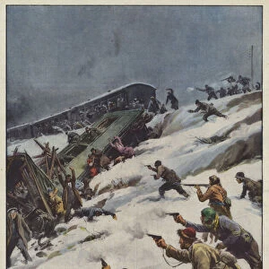 A train of the Trans-Siberian Railway was diverted into Manchuria by a group of Chinese robbers (colour litho)