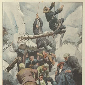 Trains buried under snow and stone avalanches, and travellers painfully rescued after two... (colour litho)
