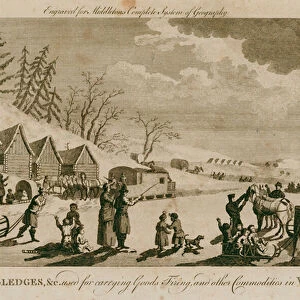 Transporting people and goods by sledge in winter, Russia (engraving)