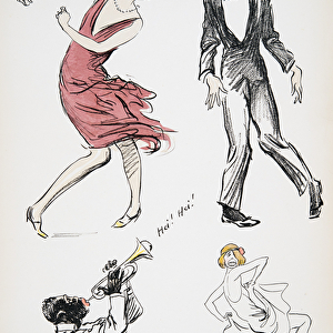 Two transvestites and man in black tie dancing to a saxophone