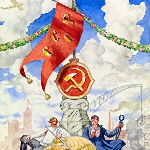"Travailleur et fermier reunis sous le drapeau communiste"Affiche de propagande de Boris Michaylovich Kustodiev (1878-1927) 1923 Dim 27x23 cm Collection privee