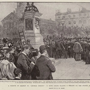A Tribute of Respect to "Chinese Gordon", Li Hung Chang placing a Wreath on the Statue in Trafalgar Square (engraving)