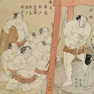 A Triptych Showing a Draw in the Bout Between Onogawa and Tanikaze (woodblock print on paper)