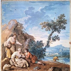 Trois paysans se reposant au bord d un fleuve (Three peasants resting on a river bank). Peinture de Giuseppe Zais (1709-1784). Aquarelle sur papier, 29, 5 x 26, 2 cm, vers 1750. Ecole venitienne, peinture italienne 18e siecle
