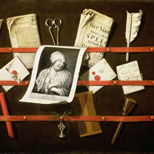 Trompe l oeil letter rack with a print of a woman and a Parliamentary speech of 1704