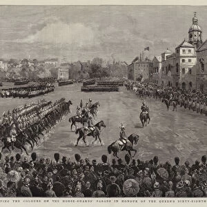 Trooping the Colours on the Horse-Guards Parade in Honour of the Queens Sixty-Eight Birthday (engraving)