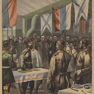 Tsar Nicholas II with Russian troops (colour litho)