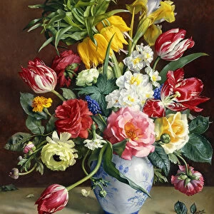 Tulips, Roses, Narcissi and other Flowers in a Blue and White Vase, (oil on canvas)