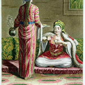 Turkish girl having coffee on the sofa, from the Collection of Prints of Costumes