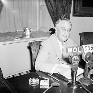 U. S. President Franklin Roosevelt Broadcasting to Nation about European War Crisis, Washington DC, USA, September 3, 1939 (b/w photo)