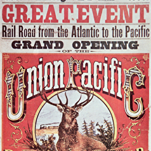 Union Pacific Railroad poster advertising the first transcontinental railroad across
