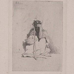 Untitled - Crouching Figure with Cane (etching)