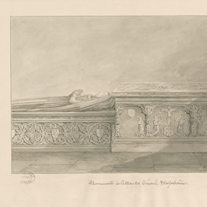 Uttoxeter Church - Tombs of Thomas Kinnersley and of a woman: sepia wash drawing