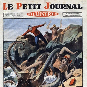Vacanciere attacked by a large octopus on the beach of Cadaques in Spain. Engraving. One of "The Little Journal Illustrates", 1927. Private collection