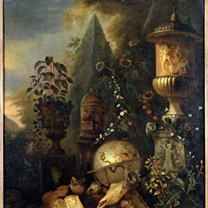 Vanite, nature morte au vase (Vanitas, still life with a vase). Peinture de Matthias Withoos (1627-1703). Huile sur toile, 83 x 67 cm. Art hollandais du 17e siecle. Musee des Beaux Arts Pouchkine, Moscou