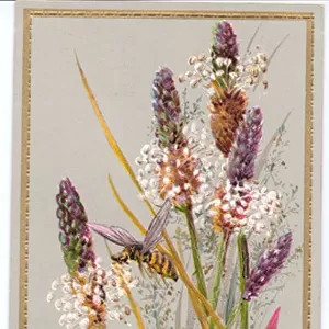 A Victorian Christmas card of two bees amongst tall grasses, c. 1880 (colour litho)