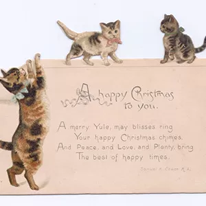 A Victorian Christmas card of a cat and two kittens playing, c. 1880 (colour litho)