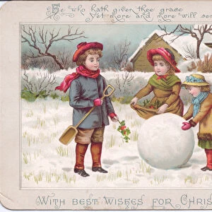 A Victorian Christmas card of three children playing with a large snowball, c