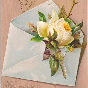 A Victorian Christmas card depicting an envelope with a rose protruding from it, c
