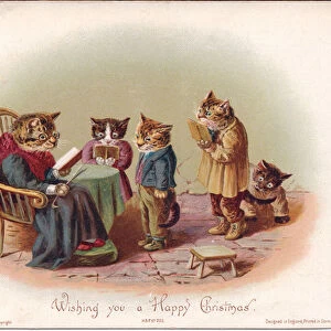 A Victorian Christmas card of an Elderly cat sitiing on a wicker chair holding a book