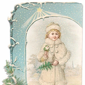 A Victorian Christmas card of a girl dressed in fur lined coat