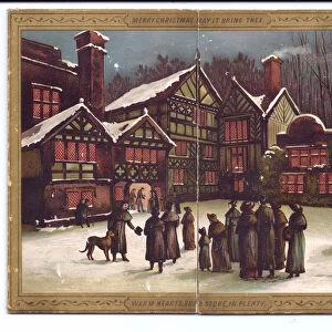 A Victorian Christmas card of a group of people in winter clothes standing in the snow
