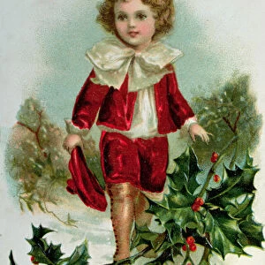 Victorian Christmas postcard depicting a boy in red in the snow (colour litho)