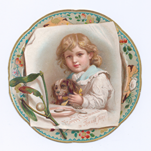 A Victorian Die-cut shape Christmas card of a child holding a puppy, c