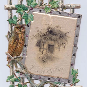 A Victorian die-cut shape Christmas card of an owl next to a painting of a house on a