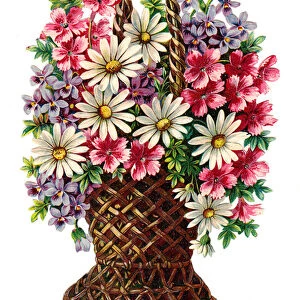 A Victorian Floral Paper Scrap Relief of daisies and violets in a wicker basket, c