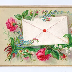 A Victorian greeting card of an envelope surrounded by flowers, c. 1880 (colour litho)