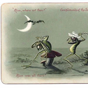 A Victorian greeting card of a female frog wearing a bonnet hitting a male frog with a