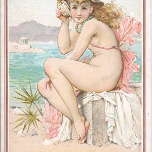 Victorian New Year card of a bathing beauty at a beach holding a shell to her ear, c