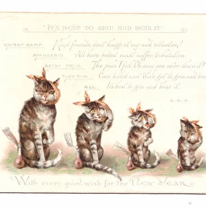 A Victorian New Year card of cats and kittens with ice packs strapped to their jaws with