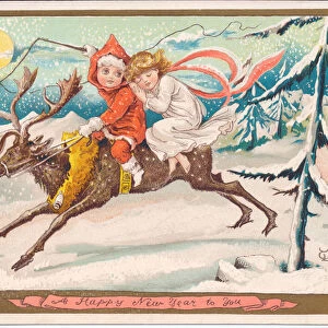 A Victorian New Year card of a girl and boy fairy astride a reindeer on a moonlit snowy