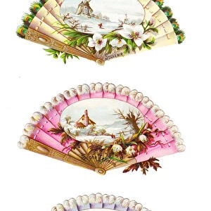 A Victorian Paper Scrap Relief of a three fans with images on a sheet, c