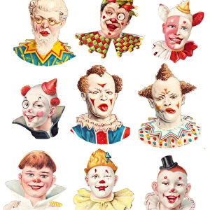 A Victorian Paper Scrap Relief of images of clowns on a sheet of paper, c