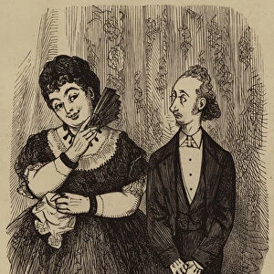 Victorian widow flirting with an author (engraving)