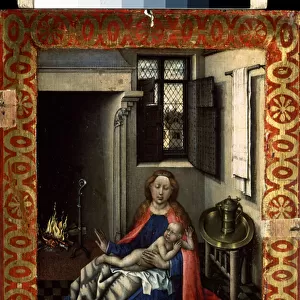 "Vierge a l enfant pres d une cheminee"(The Virgin and the Child by a Fireplace) Volet droit d un dyptique. Peinture sur bois de Robert Campin dit le Maitre de Flemalle (1375-1444) 1430 environ Dim. 34. 3x24